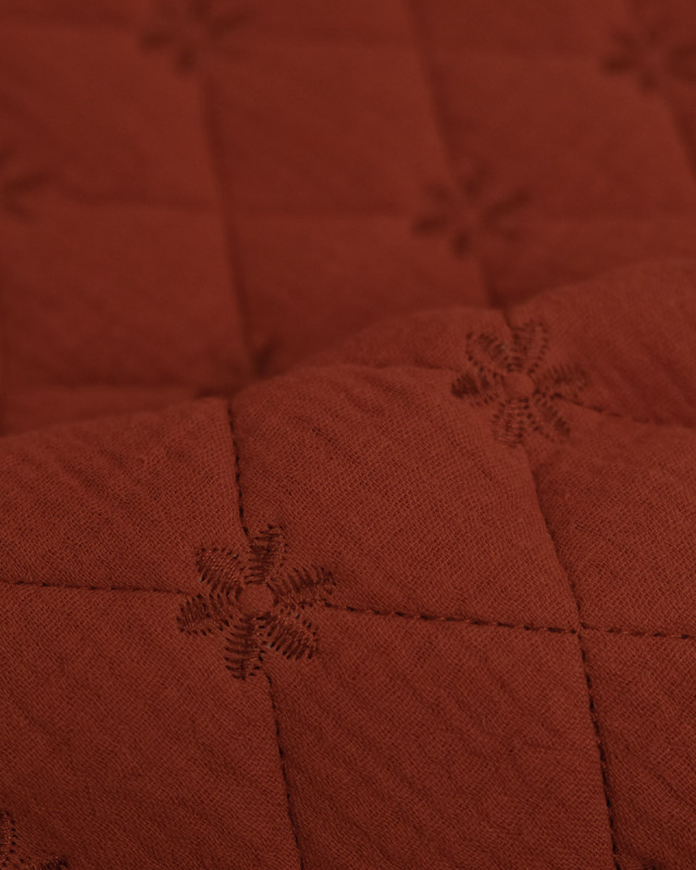 Tissu Double Gaze Matelassé Broderie Fleurs Terracotta - Mercerine