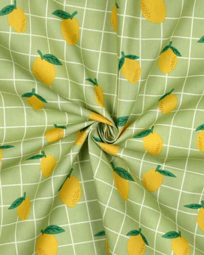 Tissu Coton Enduit Citron à Carreaux Vert Sauge - Mercerine