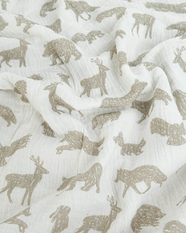 Tissu Double Gaze Ecrue Imprimé Ours - Mercerine