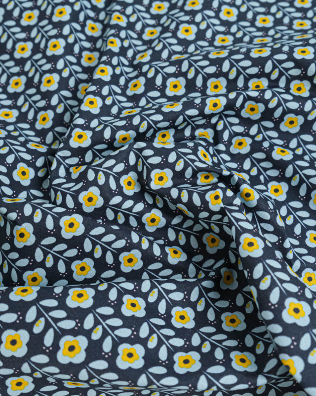 Tissu Coton Enduit Fleurs Rétro Bleu - Mercerine
