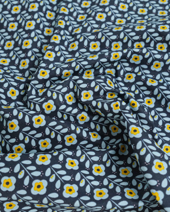 Tissu Coton Enduit Fleurs Rétro Bleu - Mercerine