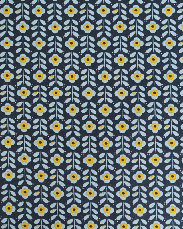 Tissu Coton Enduit Fleurs Rétro Bleu - Mercerine