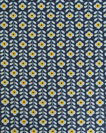 Tissu Coton Enduit Fleurs Rétro Bleu - Mercerine