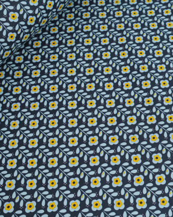 Tissu Coton Enduit Fleur Rétro Bleu - Mercerine