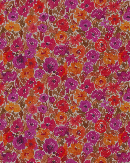 Tissu Coton Imprimé Fleurs Violet Orange Rouge - Mercerine