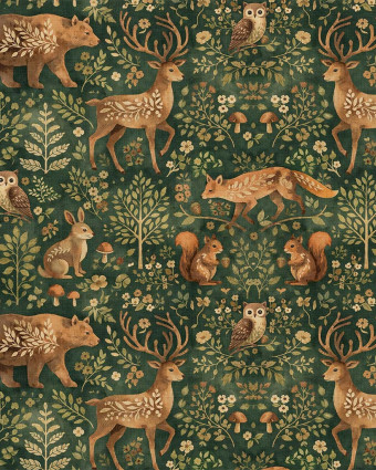Tissu Coton Imprimé Cerf Majestueux Fond Vert Sapin - Mercerine