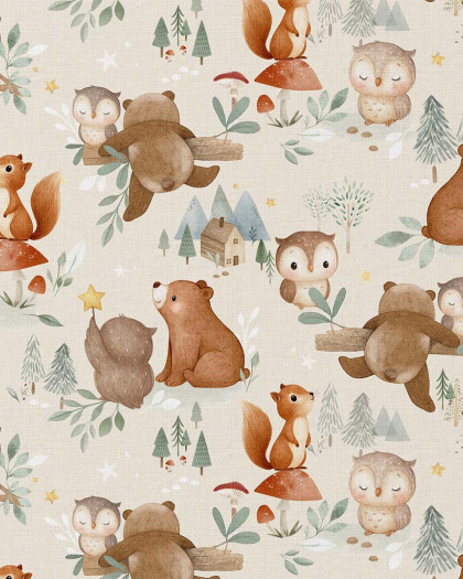 Tissu Coton Imprimé Petit Ourson Fond Beige - Mercerine