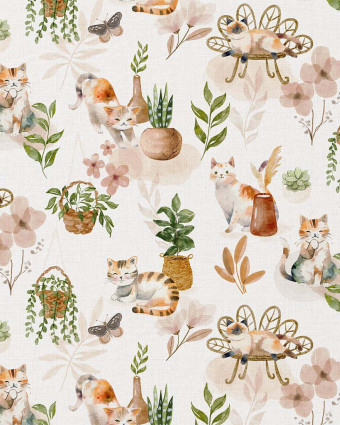 Tissu Coton Imprimé Petit Chat du Jardin Ecru - Mercerine