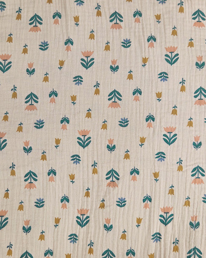Tissu Double Gaze Tulipes Fond Beige - Mercerine