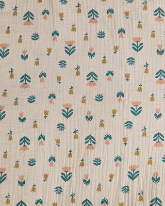 Tissu Double Gaze Tulipes Fond Beige - Mercerine