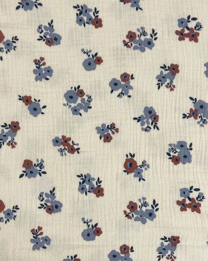 Tissu Double Gaze Bouquet Bleu et Terra - Mercerine