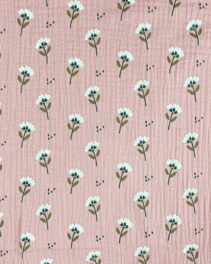 Tissu Double Gaze Fleurs de Coton Rose - Mercerine
