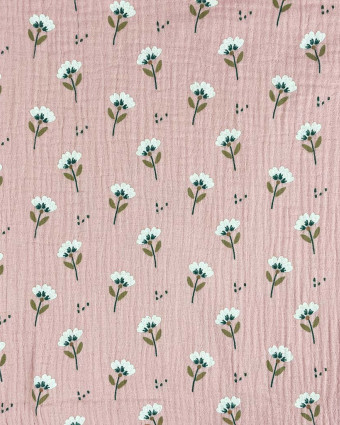 Tissu Double Gaze Fleurs de Coton Rose - Mercerine