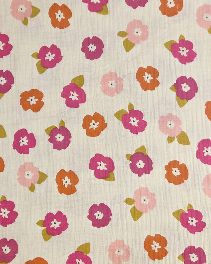 Tissu Double Gaze Motif Fleurs Rose Violet - Mercerine