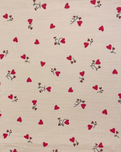 Tissu Double Gaze Fleurs de Cœur Fond Beige - Mercerine
