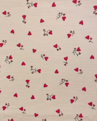 Tissu Double Gaze Fleurs de Cœur Fond Beige - Mercerine