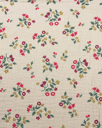 Tissu Double Gaze Motif Floral Fond Lin - Mercerine