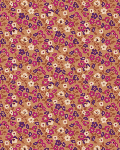 Tissu Coton Motif Floral Violet et Rose Fond Beige - Mercerine