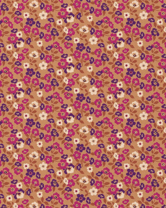 Tissu Coton Motif Floral Violet et Rose Fond Beige - Mercerine