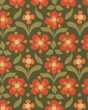 Tissu Coton Motif Fleurs Vintage Vert Orange - Mercerine