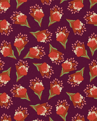 Tissu Coton Motif Fleurs Rouge Fond Prune - Mercerine
