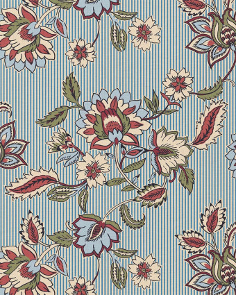 Tissu Coton Motif Fleurs Exotiques Fond Rayé - Mercerine
