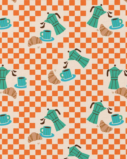 Tissu Coton Motif Café Orange Vert - Mercerine