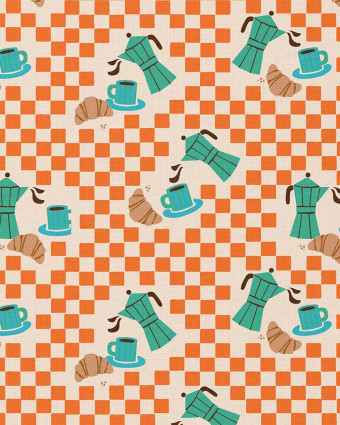 Tissu Coton Motif Café Orange Vert - Mercerine