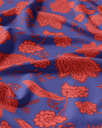 Tissu Viscose Fleurs Rouges Fond Bleu - Mercerine