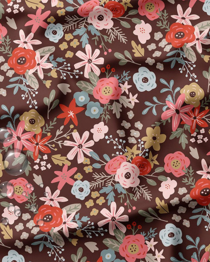 Tissu Imperméable Imprimé Bouquet Floral Fond Cacao - Mercerine