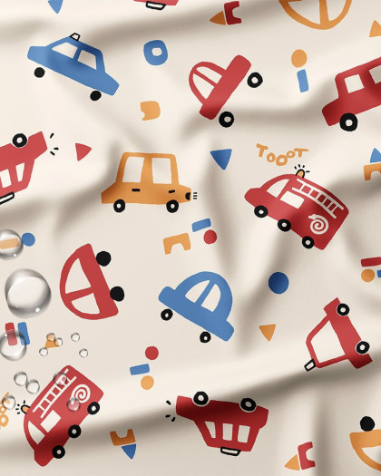 Tissu Imperméable Imprimé Voitures Fond Ecru - Mercerine