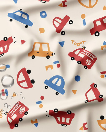 Tissu Imperméable Imprimé Voitures Fond Ecru - Mercerine
