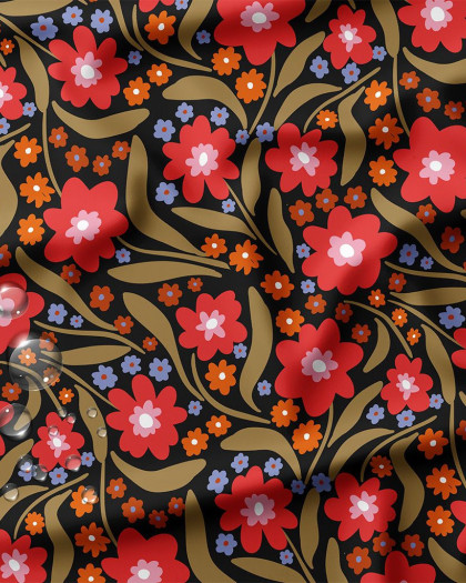 Tissu Imperméable Imprimé Fleurs Rouges Fond Noir - Mercerine