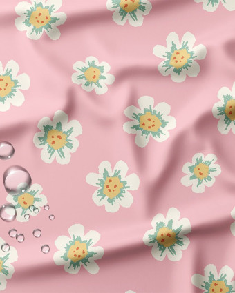Tissu Imperméable Imprimé Fleurs Blanches Fond Rose - Mercerine