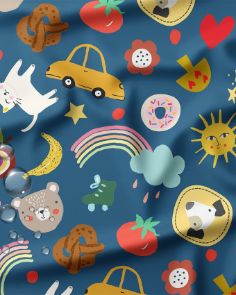 Tissu Imperméable Imprimé Animaux Rigolos Fond Bleu - Mercerine