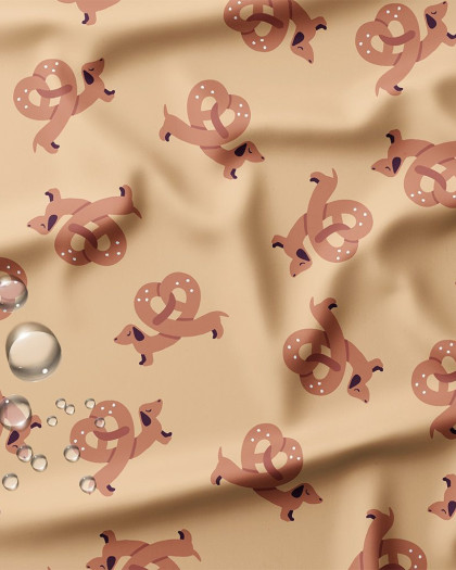 Tissu Imperméable Imprimé Teckel Bretzel Fond Caramel - Mercerine