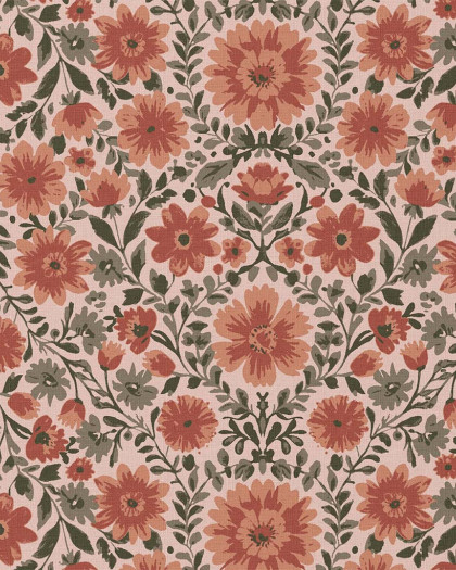 Tissu Coton Motif Fleurs Anciennes Terracotta - Mercerine