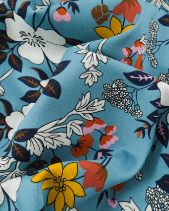Viscose Bleu Teal Motif Fleuri Tropical - Mercerine