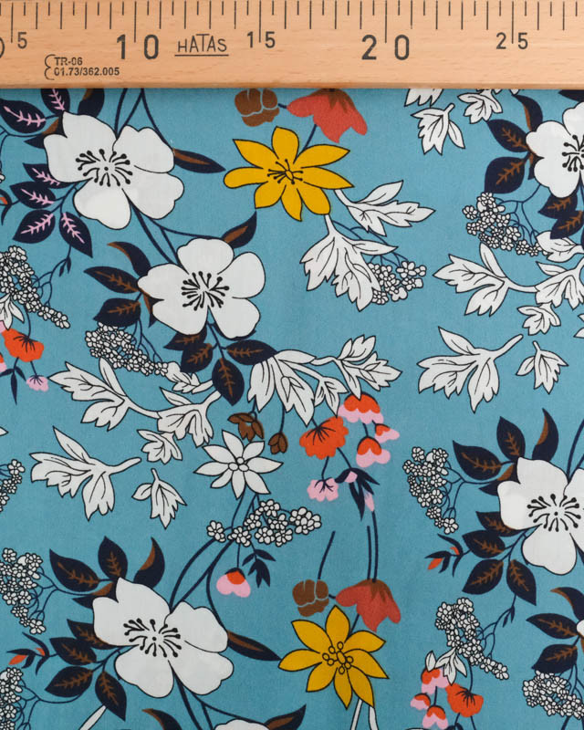 Viscose Bleu Teal Motif Fleuri Tropical - Mercerine