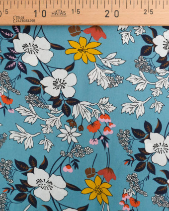 Viscose Bleu Teal Motif Fleuri Tropical - Mercerine