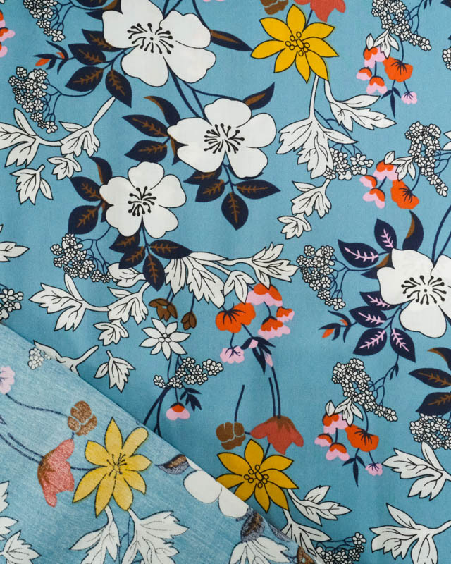 Viscose Bleu Teal Motif Fleuri Tropical - Mercerine