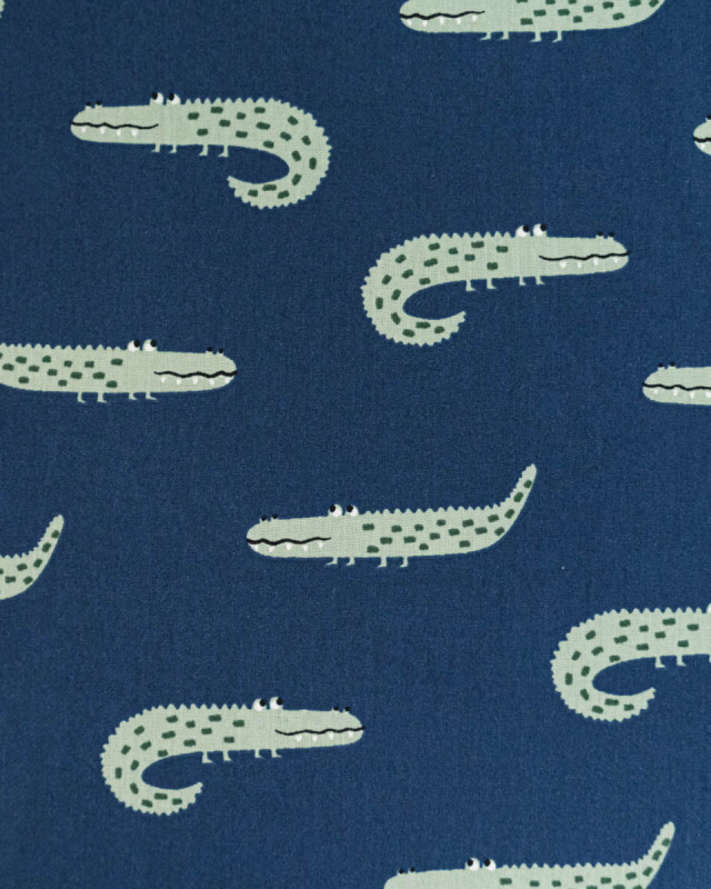 Popeline de Coton Bleu Motif Petit Crocodile - Mercerine
