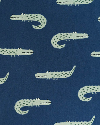 Popeline de Coton Bleu Motif Petit Crocodile - Mercerine