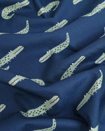 Popeline de Coton Bleu Motif Petit Crocodile - Mercerine