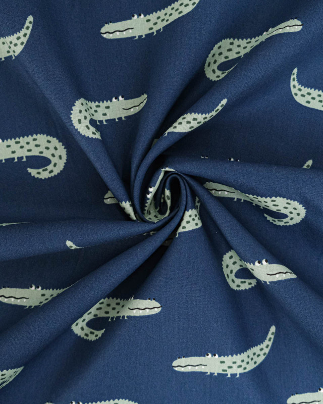 Popeline de Coton Bleu Motif Petit Crocodile - Mercerine