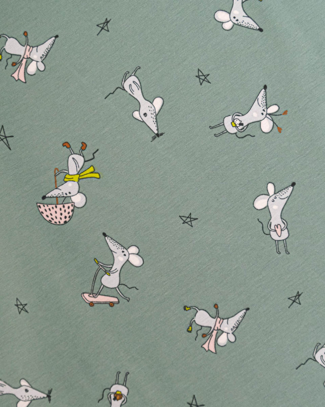 Tissu Jersey de Coton Olive Motif Souris - Mercerine