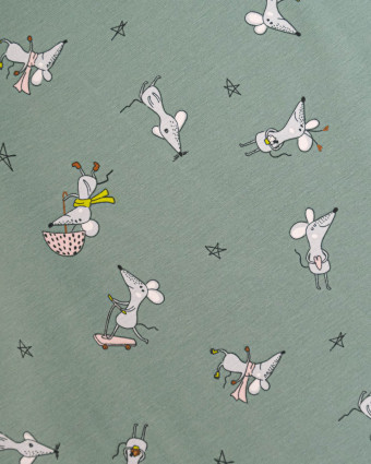 Tissu Jersey de Coton Olive Motif Souris - Mercerine