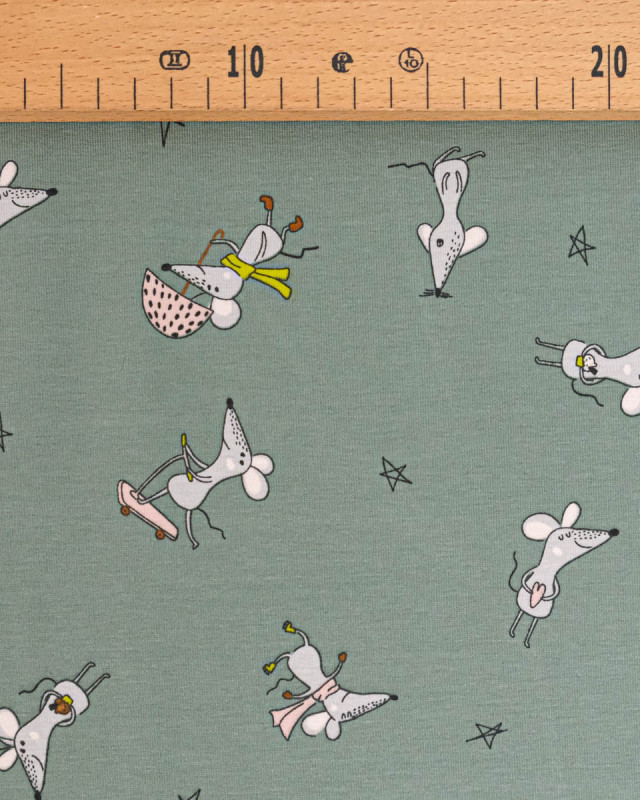 Tissu Jersey de Coton Olive Motif Souris - Mercerine