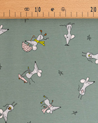 Tissu Jersey de Coton Olive Motif Souris - Mercerine