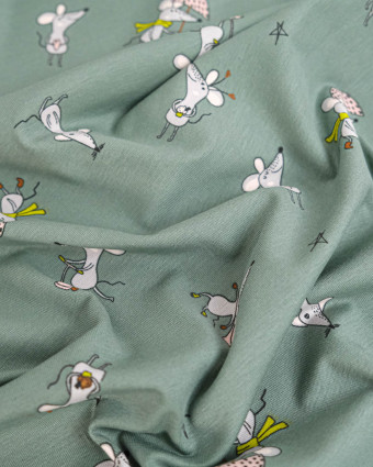 Tissu Jersey de Coton Olive Motif Souris - Mercerine